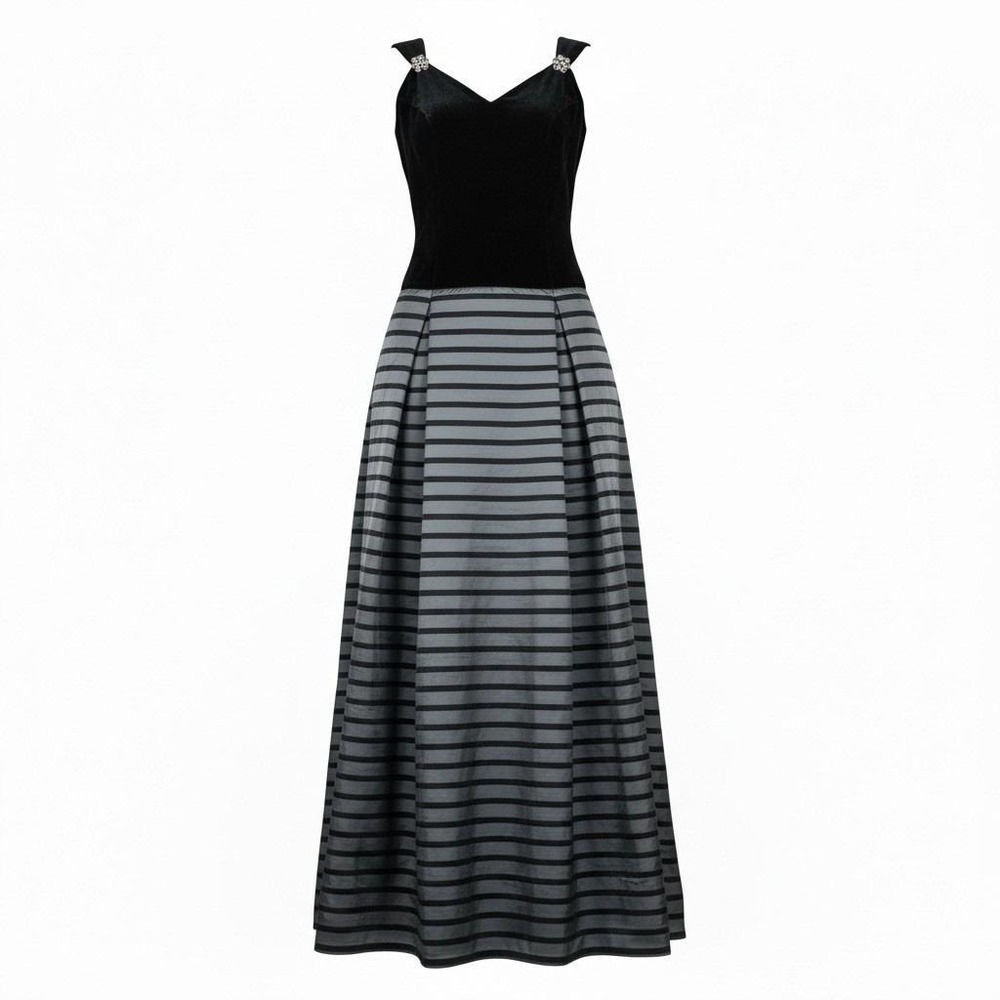 Vtg Gown Formal Dress Black Velvet Silver‎ Taffeta Union SZ 8 Old Money Timeless